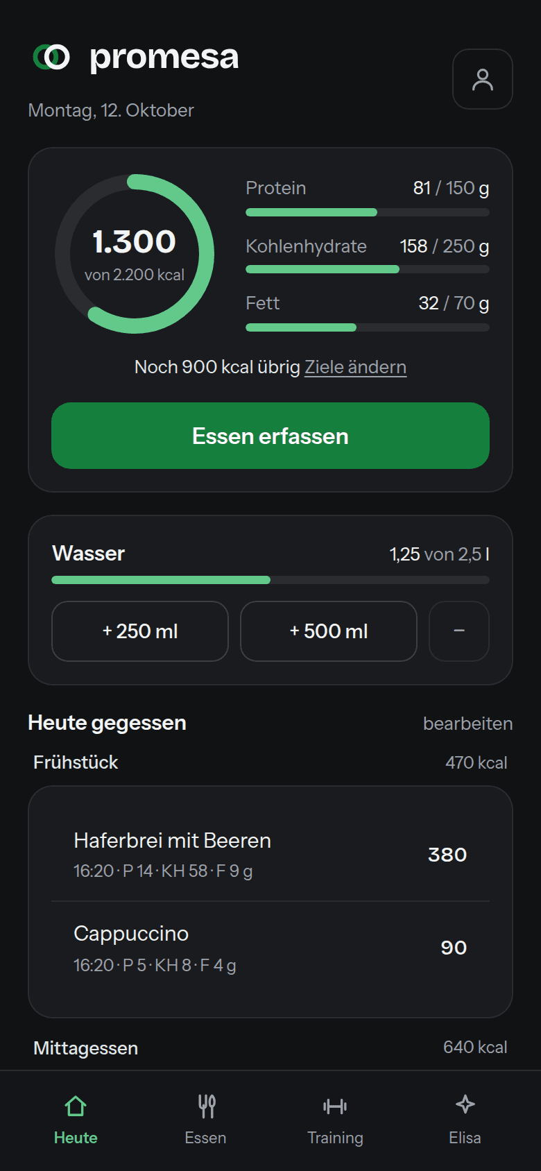 Heute-Ansicht: Kalorien, Makros, Mahlzeiten und das heutige Training