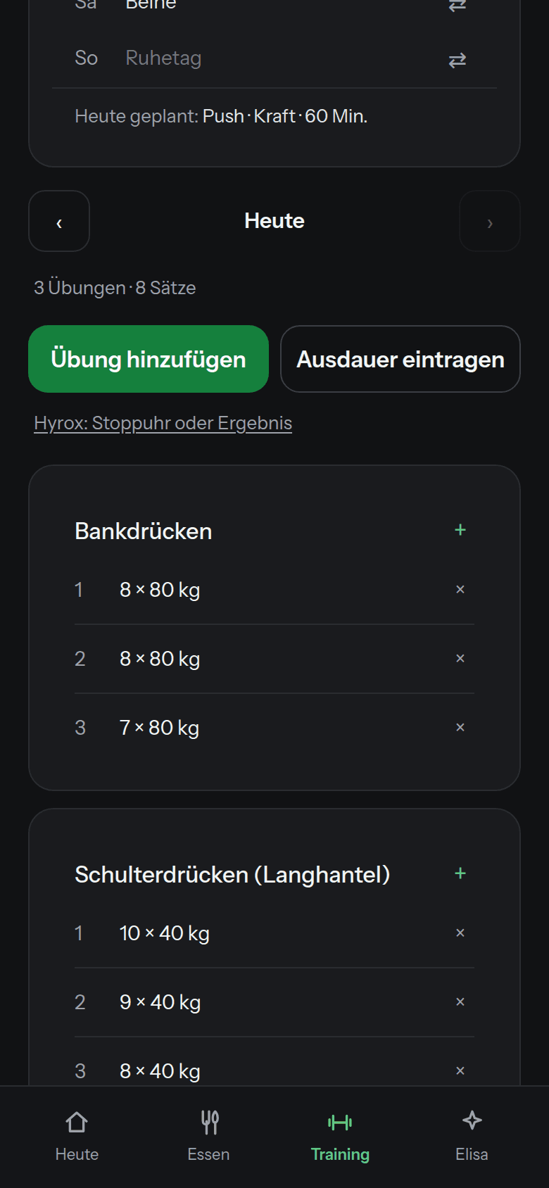 Training: heute geplant Push, Bankdrücken und Schulterdrücken mit allen Sätzen